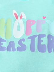 Lake blue cotton bodysuit with "Happy Easter" graphic and bunny ears.