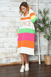 Peace lettering rainbow midi sweater dress with v-neck and long sleeves.