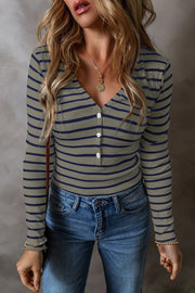 Ribbed stripe henley top with button placket and long sleeves, in olive and navy.