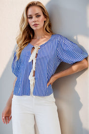 Blue striped puff sleeve blouse with tie-front detail