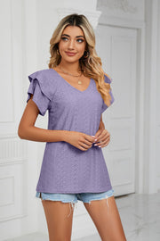 Lavender eyelet knit v-neck blouse with flutter sleeves