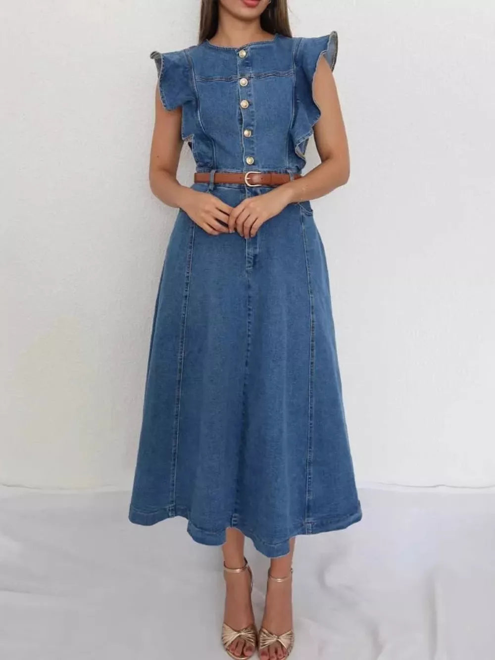 Ruffled denim midi dress with button front and belt.