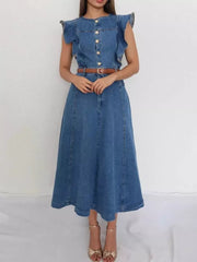 Ruffled denim midi dress with button front and belt.