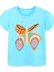 Pastel blue cotton t-shirt with a colorful butterfly graphic and puff sleeves.