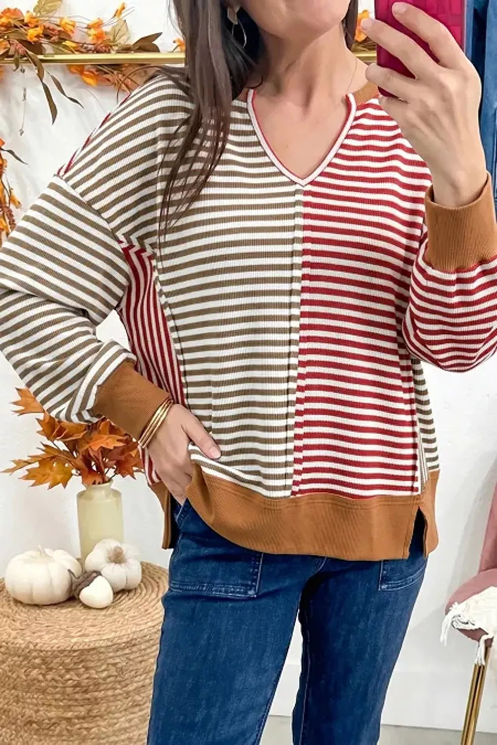 Colorblock Striped V-neck Top in Multicolor, front view
