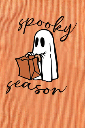 Tangerine corduroy sweatshirt with a white ghost graphic and "spooky season" text.