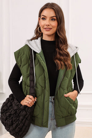 Quilted moss green hooded sleeveless jacket with zipper and pockets