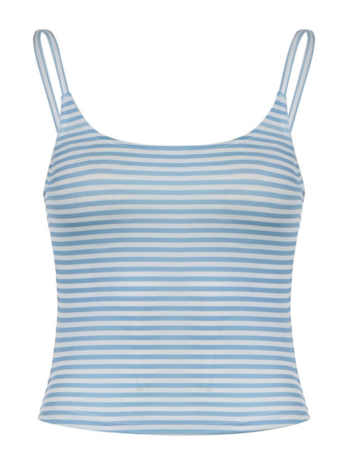 Light blue and white striped ribbed scoop tank top with thin straps.