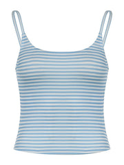 Light blue and white striped ribbed scoop tank top with thin straps.
