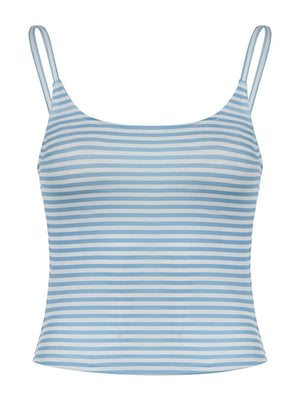 Light blue and white striped ribbed scoop tank top with thin straps.