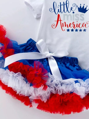 Baby outfit set with white "little miss America" bodysuit and red, white, blue ruffled tutu.