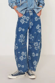 Floral print balloon jeans in medium wash denim with a relaxed fit.