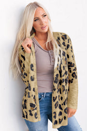 Tan leopard print open-front knit cardigan with a relaxed fit.
