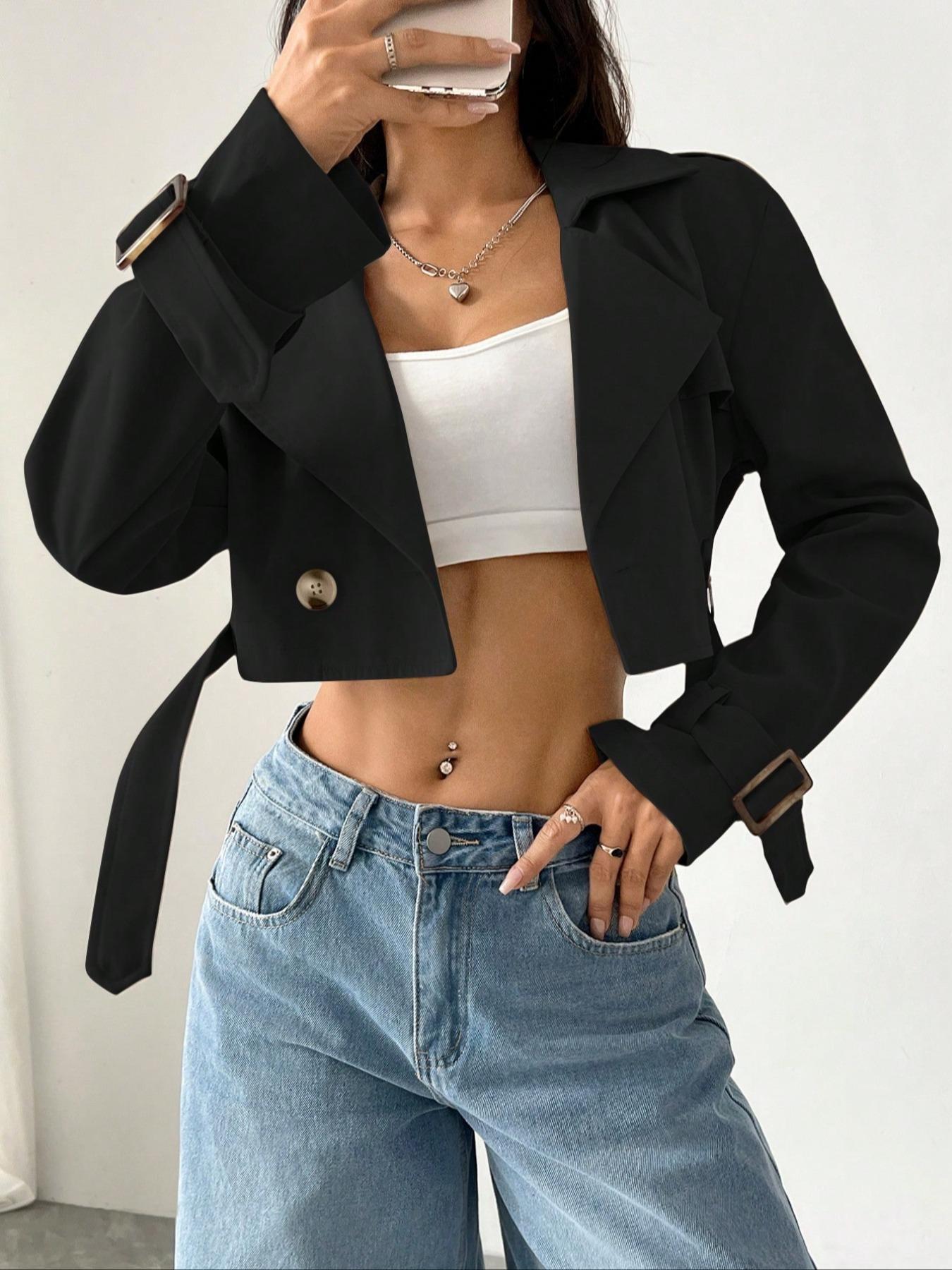 Black cropped double-breasted trench coat with belt and adjustable cuffs.