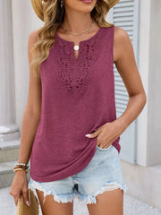 Burgundy lace-trimmed sleeveless tank top with V-neck detail