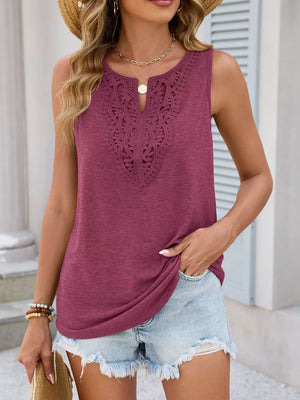 Burgundy lace-trimmed sleeveless tank top with V-neck detail