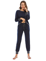 Dark Navy loungewear set with striped trim on cuffs and neckline, drawstring waist pants.