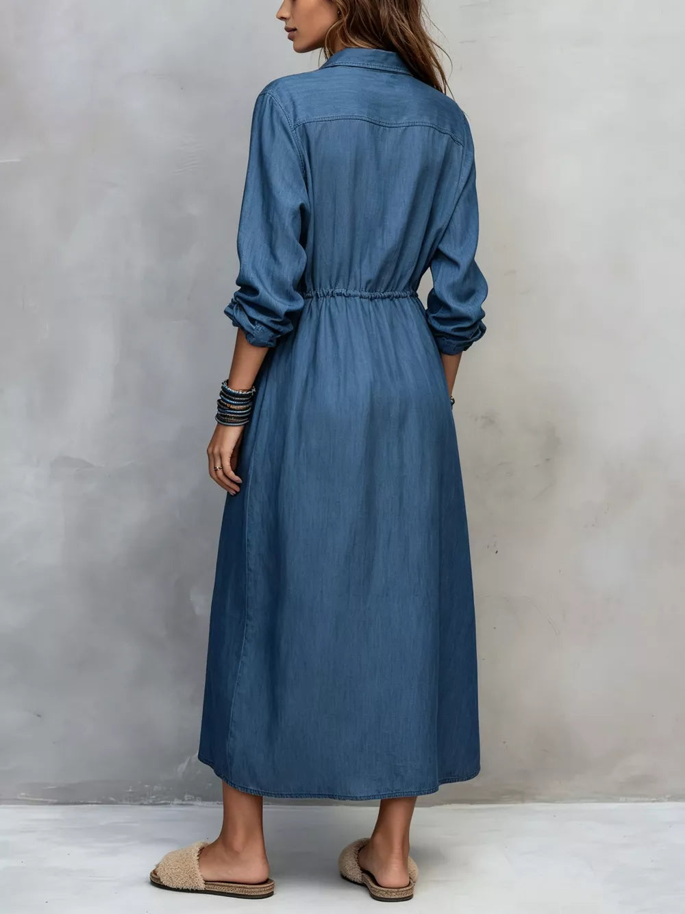 Full Size Button Front Long Sleeve Shirt Dress Plus Size in Apricot, close-up detail