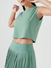Teal sculpted crop active muscle tee with a high neckline and sleeveless design.