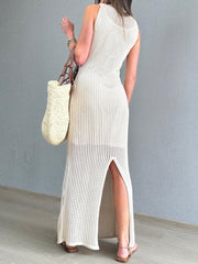 Beige open-knit column dress with side slit, sleeveless, acrylic, maxi length