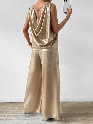 Camel cowl neck sleeveless top with tie back and wide leg palazzo pants.
