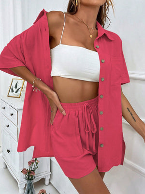 Linen resort shirt & shorts set in Deep Rose, buttoned short sleeve shirt with pocket, drawstring shorts.