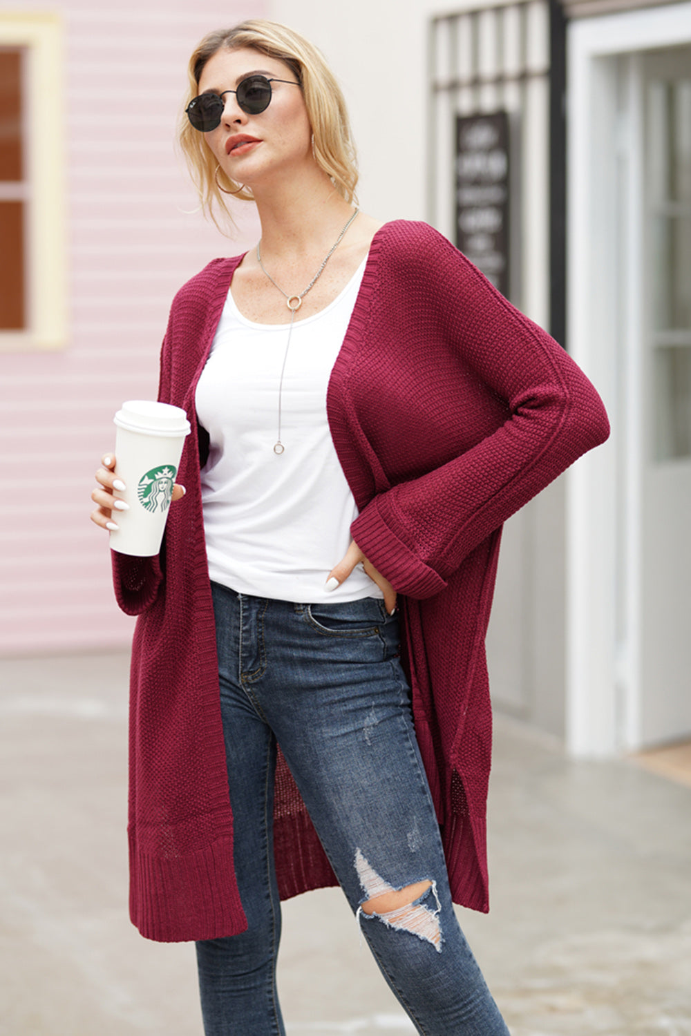 Burgundy textured open-front maxi knit cardigan with rolled cuffs, acrylic.