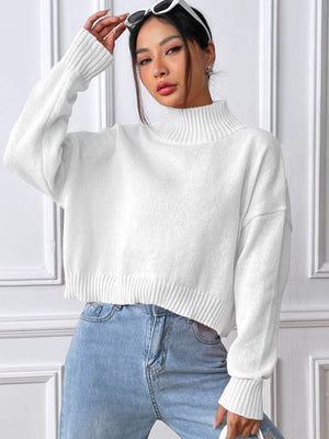 White ribbed turtleneck cropped knit sweater with long sleeves and a casual fit.