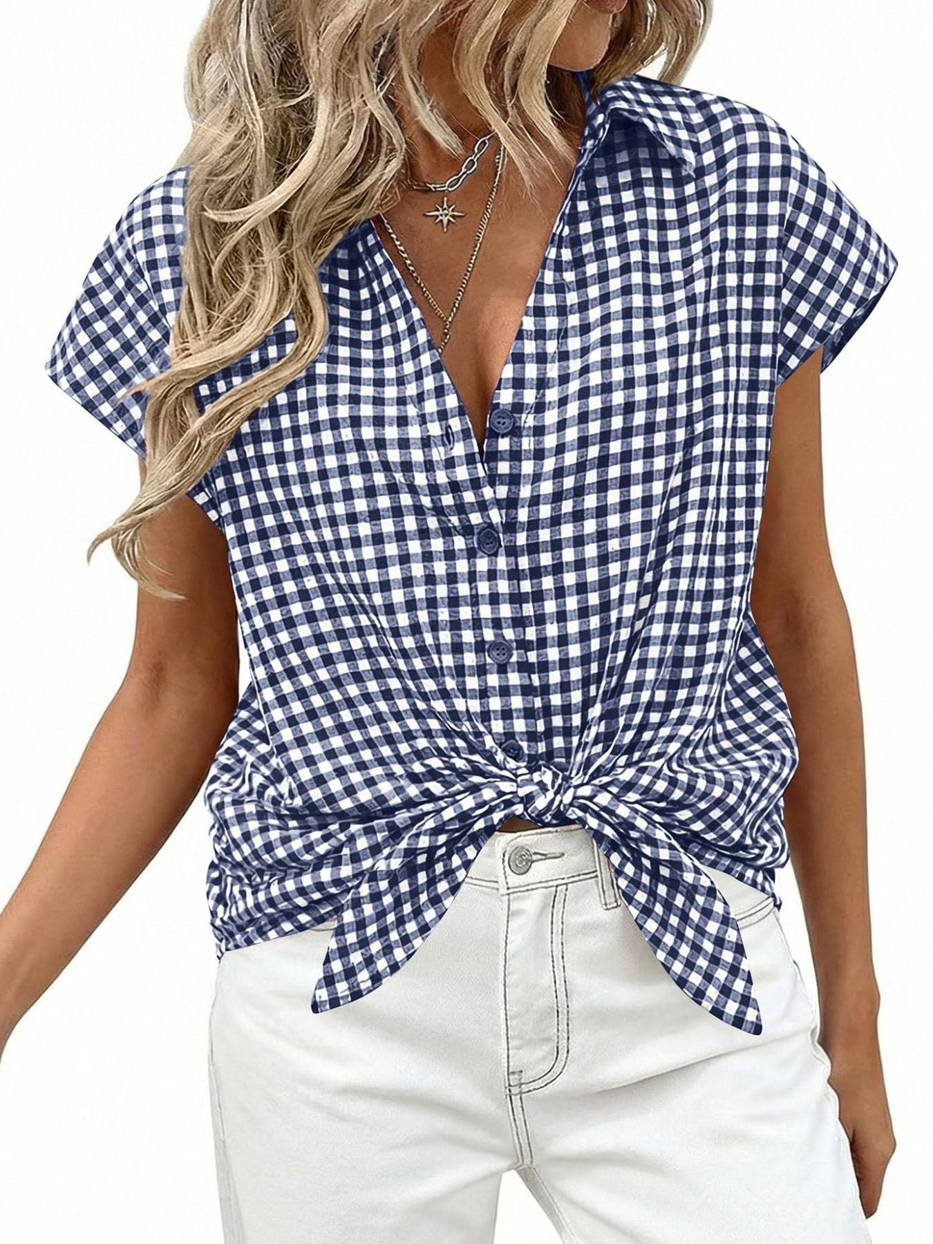 Navy gingham print button-down shirt with short sleeves and a front tie detail.