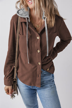 Brown corduroy shirt jacket with contrast gray hood and button front.