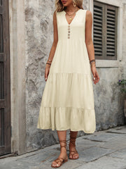 Beige tiered midi sundress with V-neck and button detail, sleeveless, casual boho style