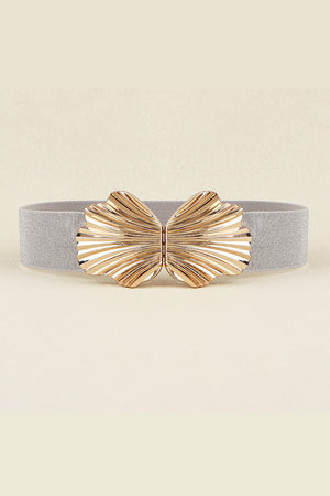 Silver elastic belt with a sculpted gold butterfly buckle.