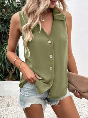 Sleeveless collared button-down blouse in olive green with a V-neckline.