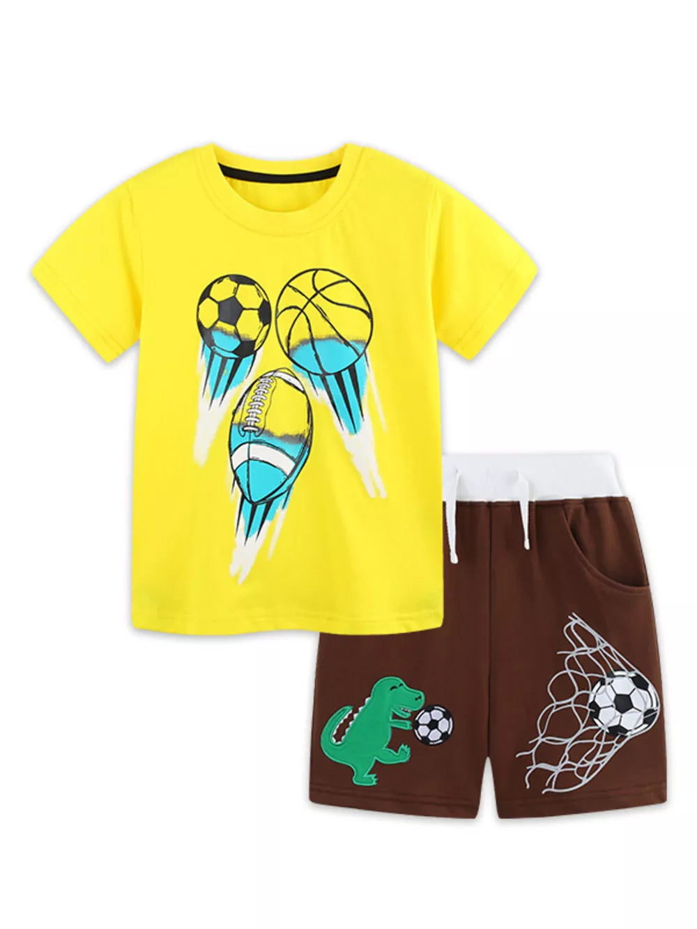 Yellow cotton t-shirt with sports ball graphic and brown shorts with dinosaur and soccer net graphic.