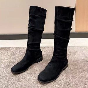 Black suede mid-calf slouch boots with block heels