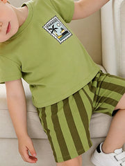 Boys' cotton graphic tee and shorts set, tropical paradise print.