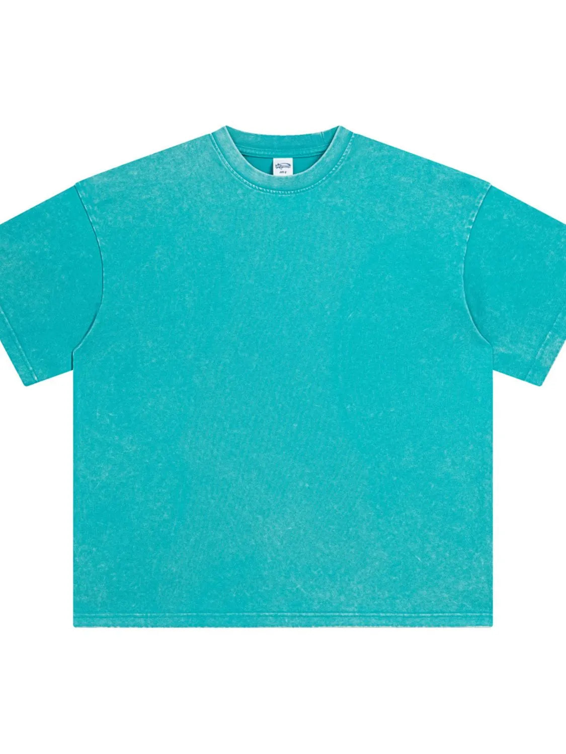 Teal acid wash oversized tee with crewneck and short sleeves.