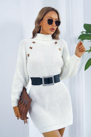 White knit turtleneck mini dress with button shoulder detail.