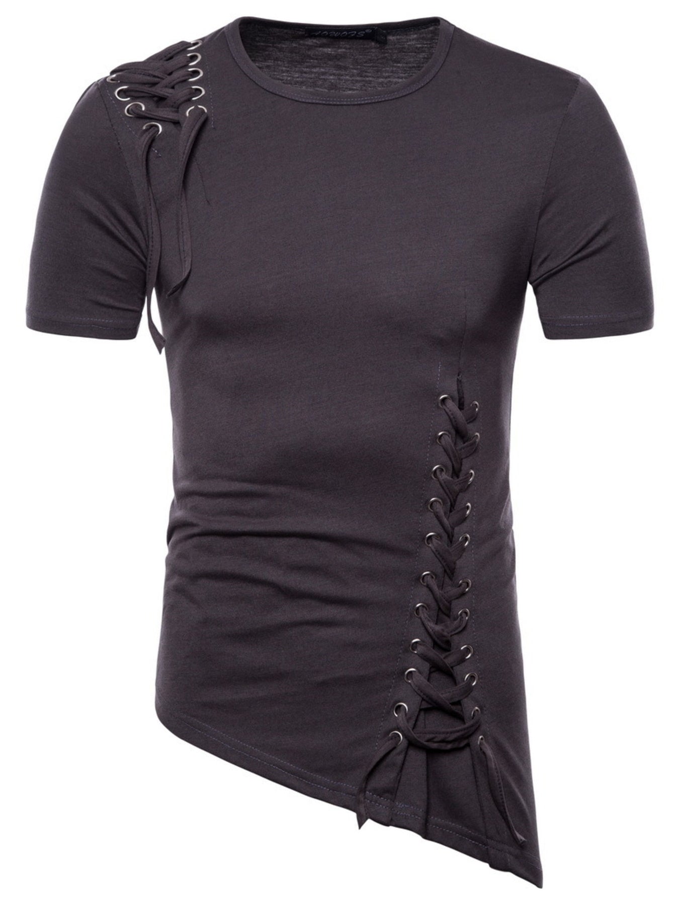 Dark gray cotton t-shirt with asymmetric hem and lace-up details on shoulder and side.
