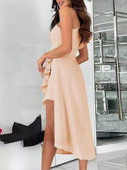 Apricot asymmetrical ruffle dress with a high-low hem and one-shoulder neckline.