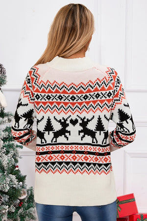 White acrylic knit sweater with reindeer and tree Fair Isle pattern, mock neck, long sleeves.