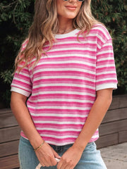 Textured knit tee with pink and white stripes and crossed detail