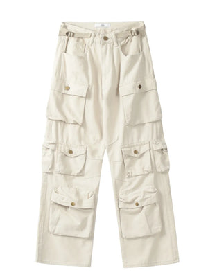 Cream cargo pants with versatile multi-pocket design and buttoned flaps.