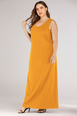 Sleek scoop-neck maxi column dress in gold, sleeveless, floor-length, basic style.