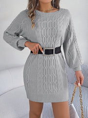 Light gray cable knit mini dress with belt detail, 100% acrylic.