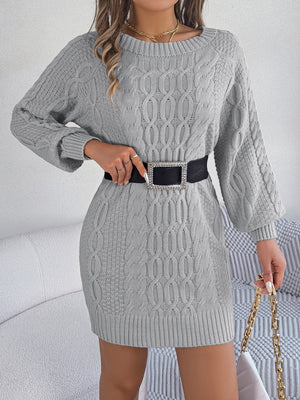Light gray cable knit mini dress with belt detail, 100% acrylic.