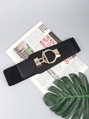 Black elastic belt with a sculpted gold buckle and faux leather front panel.