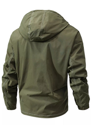 Green hooded jacket with contrast stitching, long sleeves, and elastic cuffs.