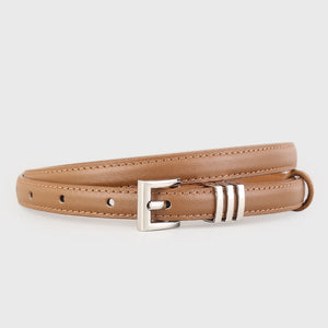 Caramel cowhide leather belt with silver buckle and triple bar detail