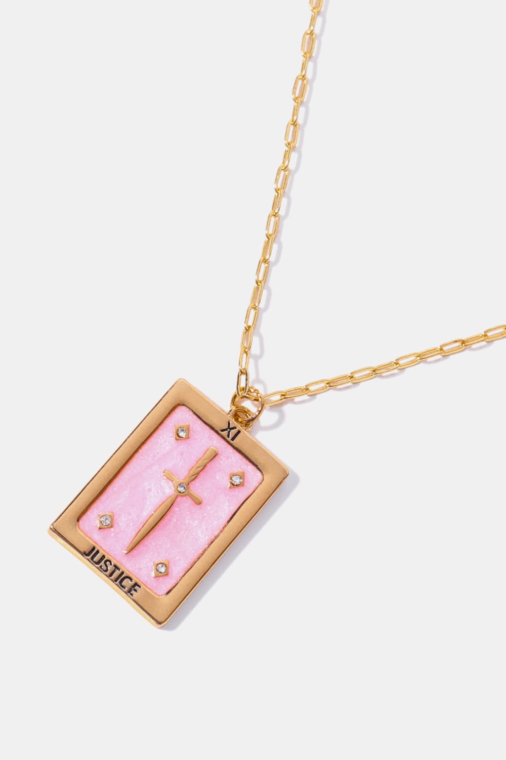 Blush pink tarot card pendant necklace with sword charm and gold chain